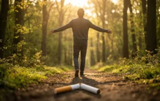 Rauchfrei durch Hypnose - Person geht befreit auf Waldweg ins Licht