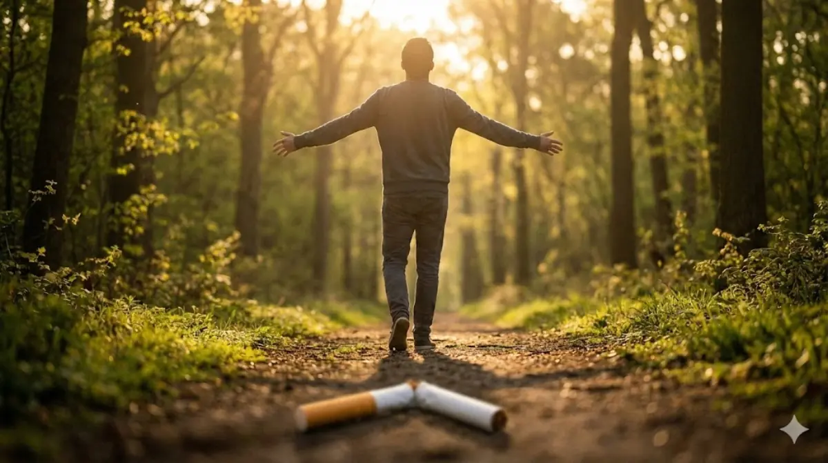 Rauchfrei durch Hypnose - Person geht befreit auf Waldweg ins Licht